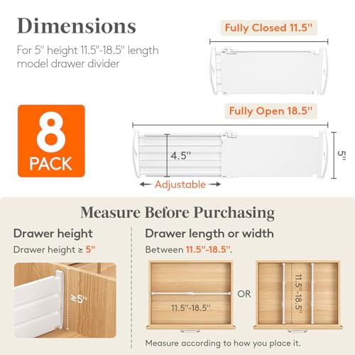 Lifewit 5-Inch Adjustable Drawer Dividers - 8 Pack, Deep Closet & Clothes Organizer (5"H, 11.5-18.5"L)