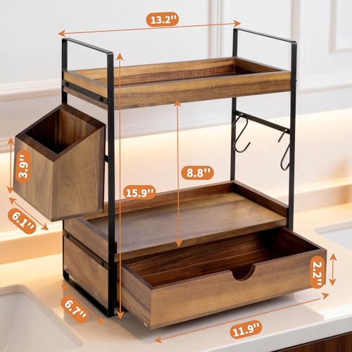 Acacia Wood Bathroom Counter Organizer with Drawer - Dark Brown, 2-Tier Vanity Shelf