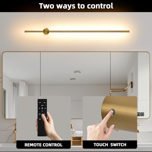 Brushed Gold 39.3-Inch Wireless Battery Wall Sconce Set of 2 with Dimming & Remote