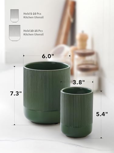 LE TAUCI Ceramic Kitchen Utensil Holder Set - Forest Green, 7.3 & 5.4 Inches, Countertop Organizer