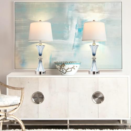 Blue Dimmable Touch Glass Table Lamps with USB Ports - Set of 2 for Bedroom Decor