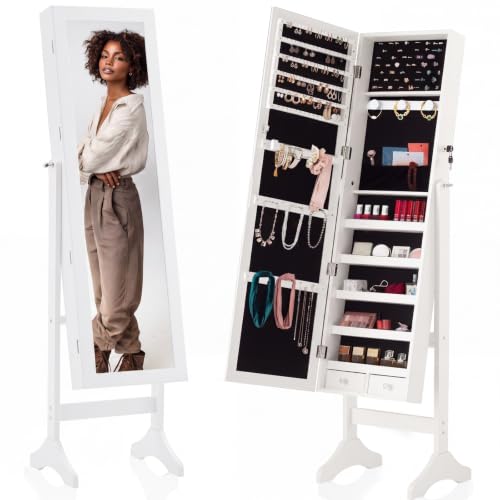 Sweetcrispy White Freestanding Jewelry Armoire Cabinet with Mirror, 60.24''H, 15.75''D