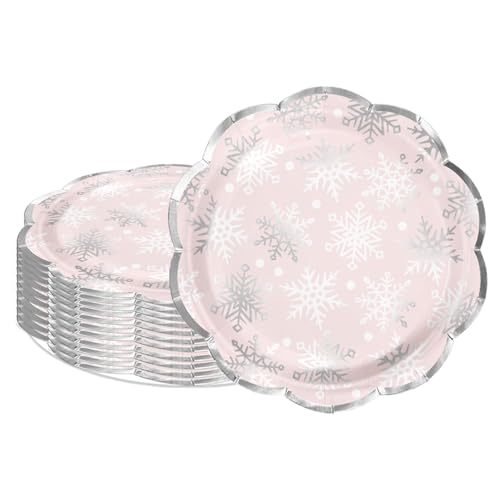 LeZakaa 25Pcs Christmas Paper Plates - Snowflake in Pink Silver Foil Winter Holiday Design Disposable Party Plates Decorative Tableware Supplies Table Decor for Christmas - 7 Inch