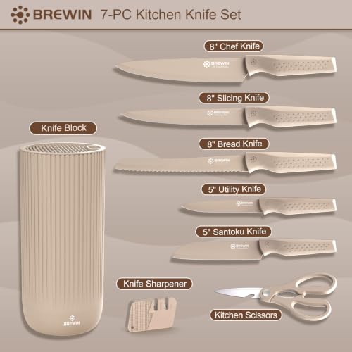 Khaki Brewin Kitchen Knife Set with Block - Complete Professional Cutlery