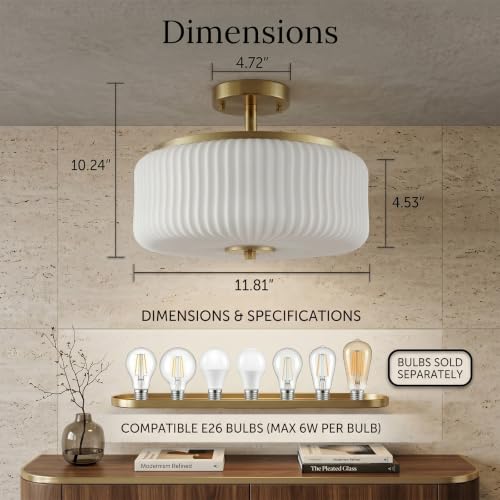 Gold & White Semi Flush Ceiling Light - 3 Light Schoolhouse Fixture with Ribbed Milk Glass Shade - Close to Ceiling Mount for Bedroom & Kitchen - Variation: Gold/White Semi