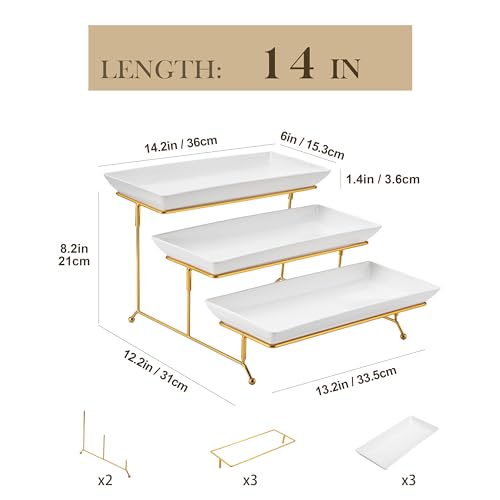 MALACASA 3 Tier Serving Tray Set - White Gold 14 Inch Porcelain Dessert Stand