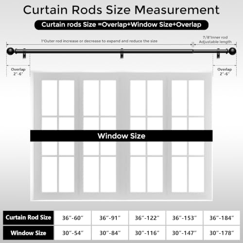 Wolistsa 2 Pack Black Adjustable Curtain Rods 36-91 Inch Heavy Duty Modern Window Treatment