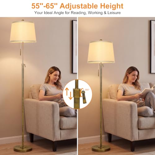 Antique Brass Adjustable Floor Lamp with Beige Shade - 55 to 65 Inches Tall, 3 Brightness Levels