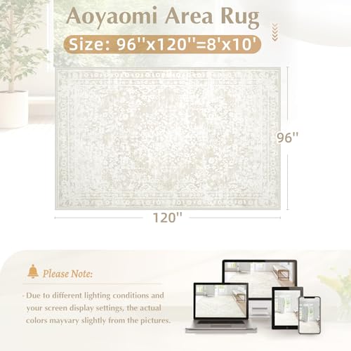 Aoyaomi Cream Beige 8x10 Vintage Boho Area Rug - Distressed Floral Indoor Carpet