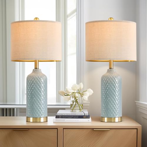 Blue Ceramic Modern Table Lamps Set of 2 for Living Room & Bedroom - 24.25"
