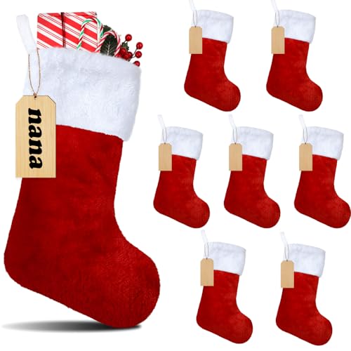 8 Set 18 Inch Red Christmas Stockings with Wood Name Tags - Plush