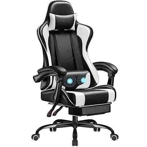Homall White Gaming Chair with Ergonomic Headrest, Massage Lumbar Support & Footrest