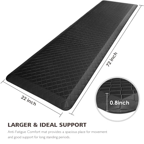Black 72 Inch Thick Anti-Fatigue Kitchen Floor Mat - Non-Slip Cushioned Rug