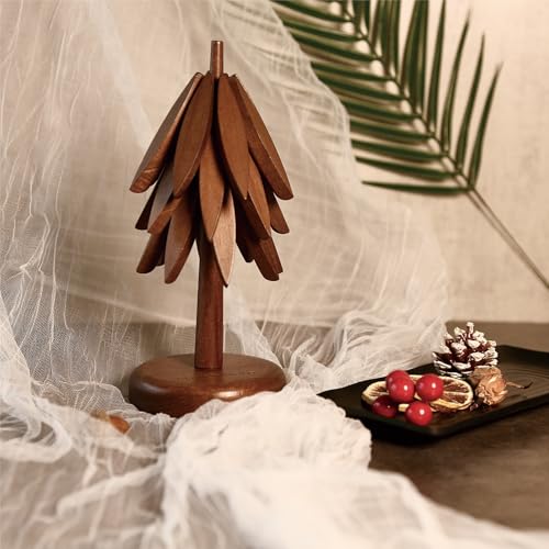 Powdonunt Brown Wooden Tree Coasters, 3 Foldable Tripod Trivets with Stands