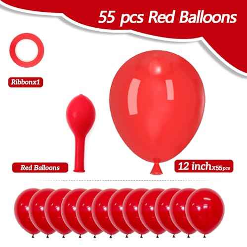 Red Latex Balloons, 55pcs 12 Inches Red Balloons with 1 Ribbon for Birthday, Graduation, Baby Shower, Valentines, Christmas, Wedding Party Decorations