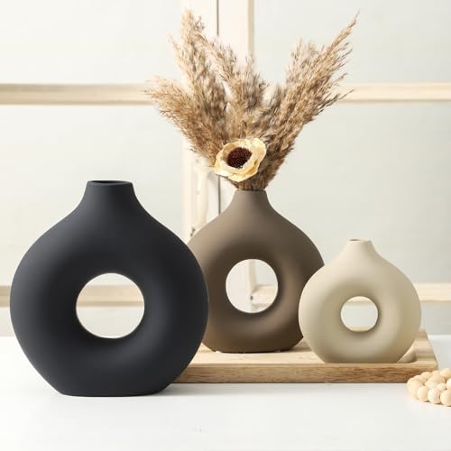 Vanselia Classic Ceramic Vase Set of 3 - Modern Donut-Shaped Table Decor