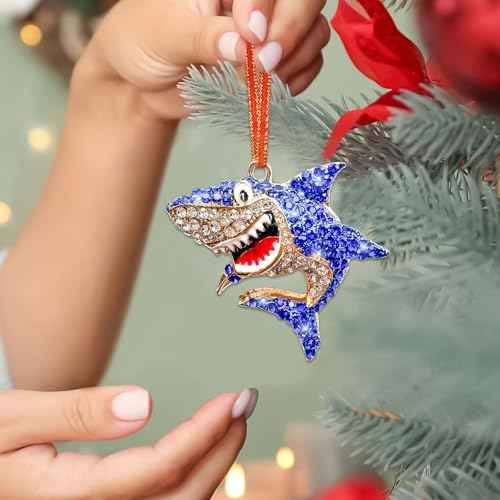 Shark Christmas Ornament Metal Shark Ornament for Christmas Tree Rhinestone Shark Christmas Ornament Hanging Shark Ornament for Home Christmas Party Gifts for Girls Woman Ocean Animal Lover