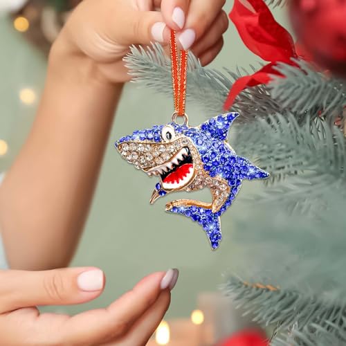 HEYINSHEN Rhinestone Shark Christmas Ornament - Metal Hanging Holiday Decor