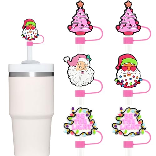 KSTBJN Christmas Straw Covers 6 Pack - Santa & Xmas Design, 10mm Fits Stanley Cups, Reusable Pink Straw Toppers, Holiday Drink Accessories (Style 1)