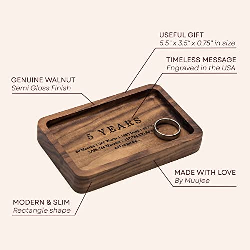 MUUJEE 5 Year Ring Dish - Engraved Rectangle Wood Tray Small Jewelry