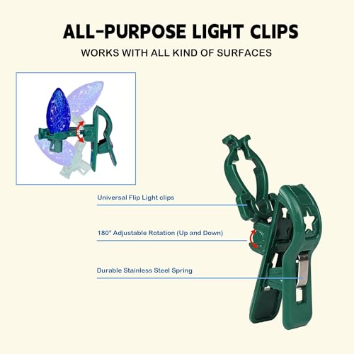 TW SHINE 50 Pack C7 C9 Christmas Light Spring Clips with Universal E12/E17 Fit, Weatherproof Shatterproof Quick-Release Gutter & Roof Clips