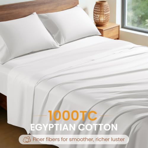 Queen Egyptian Cotton Bed Sheet Set 1000 Thread Count White - Durable & Soft