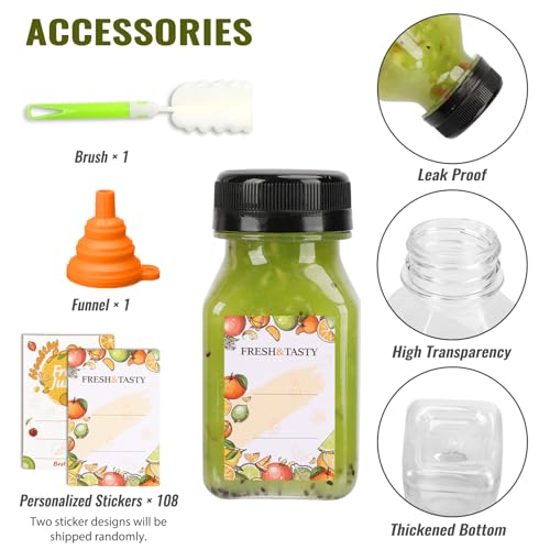 4 oz Plastic Juice Bottles Set - 100 Pack with Caps, Labels & Brush - Variation of 4.0 Ounces / 100