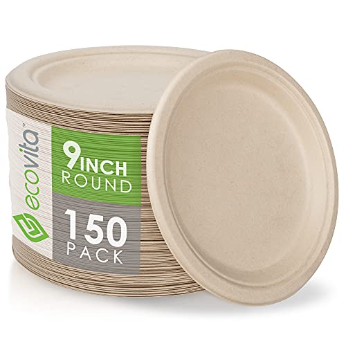 Ecovita Large 9-inch Compostable Paper Plates - 150 Eco-Friendly Sturdy Tableware
