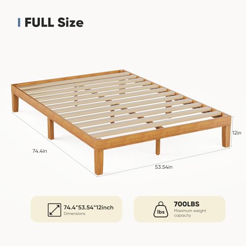 Full Size Bed Frame - 12 Inch Height Wooden Platform Bed with Solid Slats - Squeak-Free & Modern Design - Includes Assembly Kit