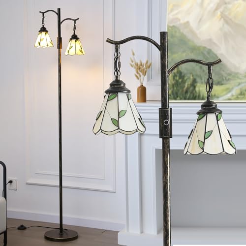 Vintage Dimmable Floor Lamp with 2 Tiffany Shades - 65 inch Bronze Standing Light