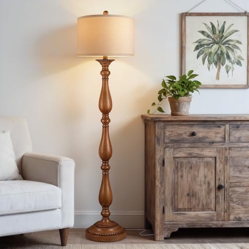 PARTPHONER Vintage Wood Grain Floor Lamp with Linen Shade, Rustic Farmhouse Standing Light for Living Room & Bedroom