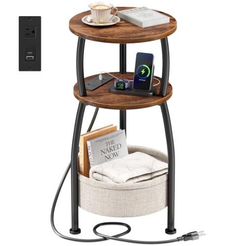 Yuede Rustic Brown Round Side Table with Charging Station - 11.81" Dia