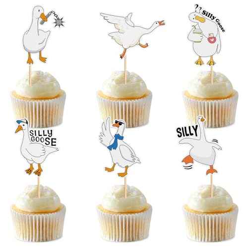24PCS Silly Goose Cupcake Toppers Birthday White Goose Baby Shower Theme Kids Baby Boy Girl Decorations Party Supplies for Baby Boy Girl Cake Decorations Birthday Party Supplies