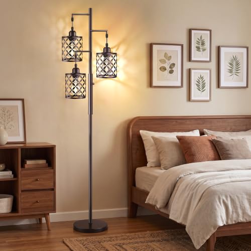 GHOOCEMLUX Oil-Rubbed Bronze 68-Inch Dimmable Farmhouse Floor Lamp with Quatrefoil Shades