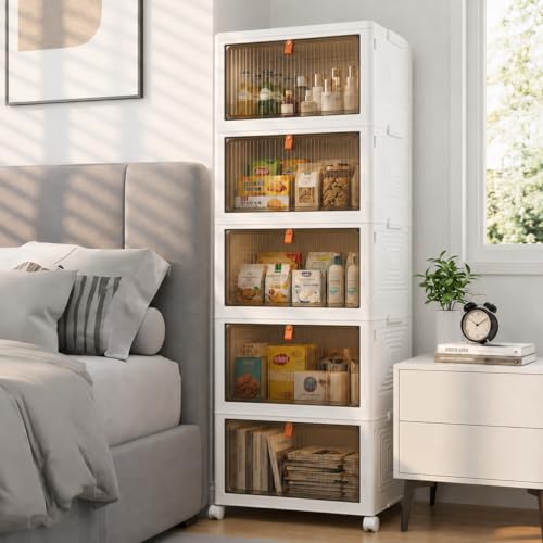 Large 170 Qt Stackable Storage Bins with Lids - 5 Layers, Wheels & Clear Doors