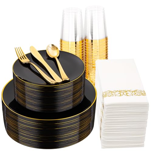 Black and Gold Plastic Dinnerware Set for 50 Guests - Heavy Duty Party Plates and Utensils