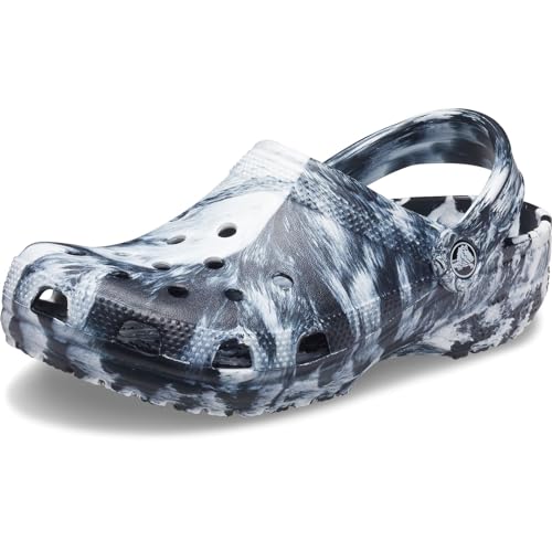 Crocs Unisex Classic Marbled Tie-Dye Clogs - 9 Women / 7 Men, White & Black