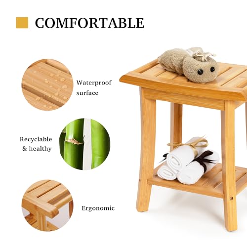Small Natural Bamboo Shower Bench with Storage Shelf - 16x10x17 Inch