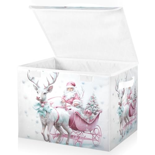 Senya Christmas Collapsible Storage Baskets with Lids, Santa Pink Reindeer, 2 Pack