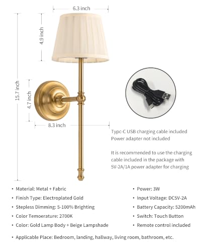 KDG Gold Cordless Wall Sconces Set of 2 with Beige Fabric Shades, Dimmable LED Wall Lamps