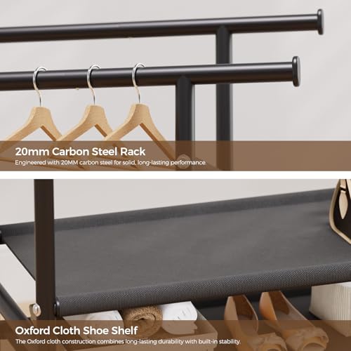 HYSEYY Black Large Double Rod Clothes Rack with 2-Tier Shelves & Wheels