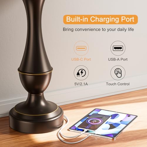 Tall D. Oat Shade & Brown Base Touch Lamps for Nightstand - 3 Way Dimmable with USB-C & USB-A Ports