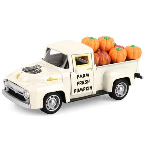Fall Pumpkin Metal Truck Fall Home Kitchen Decorations with 8 Pcs Plastic Pumpkin, Vintage Farmhouse Tabletop Tiered Tray Decor for Summer Home Kitchen Mantel Shelf Bookshelf Mini Diecast Truck Decor