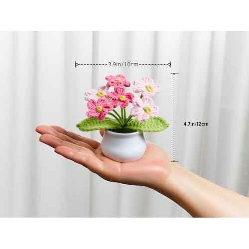 Crochet Flowers Pink Handmade Knitted Potted Flower Plants for Women Coworkers Birthday Anniversary Thanksgiving Christmas Cute Decor for Desk Home Office Accessories Decorations