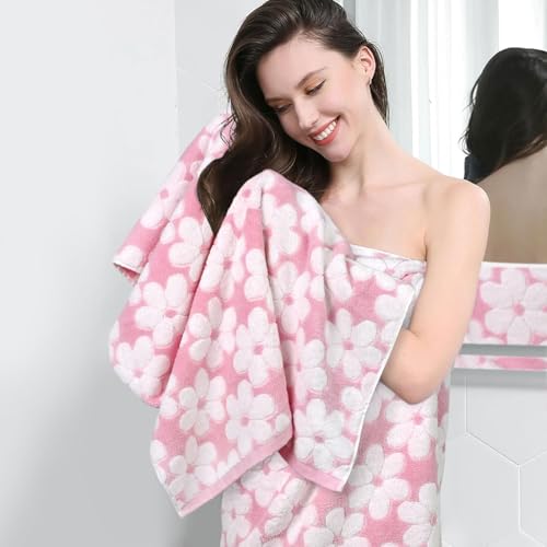 Pink Cotton Bath Towels Set of 2 - 27.5x55 Inches, Super Absorbent & Decorative