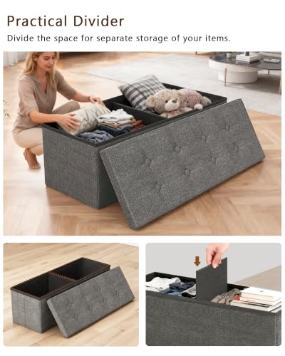 Gray 43-Inch Folding Storage Ottoman Bench with Padded Top
