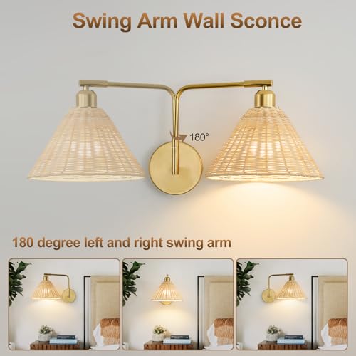 Rattan Rechargeable Wall Sconce Set of 2 - Gold Boho Swing Arm Wall Lights with Remote