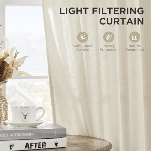 Joydeco Linen Curtains Set - Ivory on Linen, 52W x 96L, 2 Panels, Light Filtering