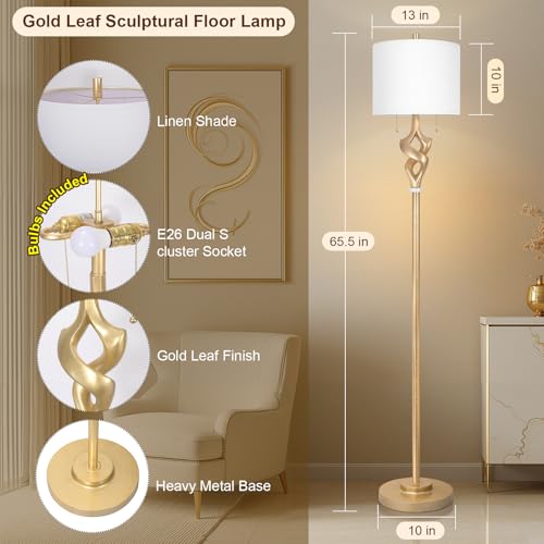 Gold Leaf Sculptural Floor Lamp with Marble Base - 65.5 Inches