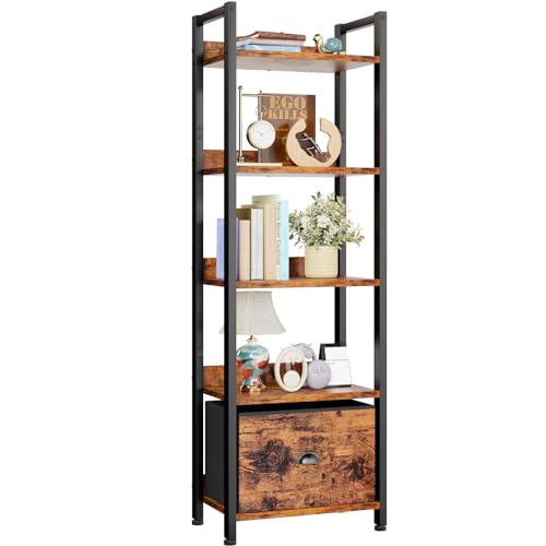 Furologee 5 Tier Bookshelf with Drawer, Tall Narrow Bookcase, Rustic